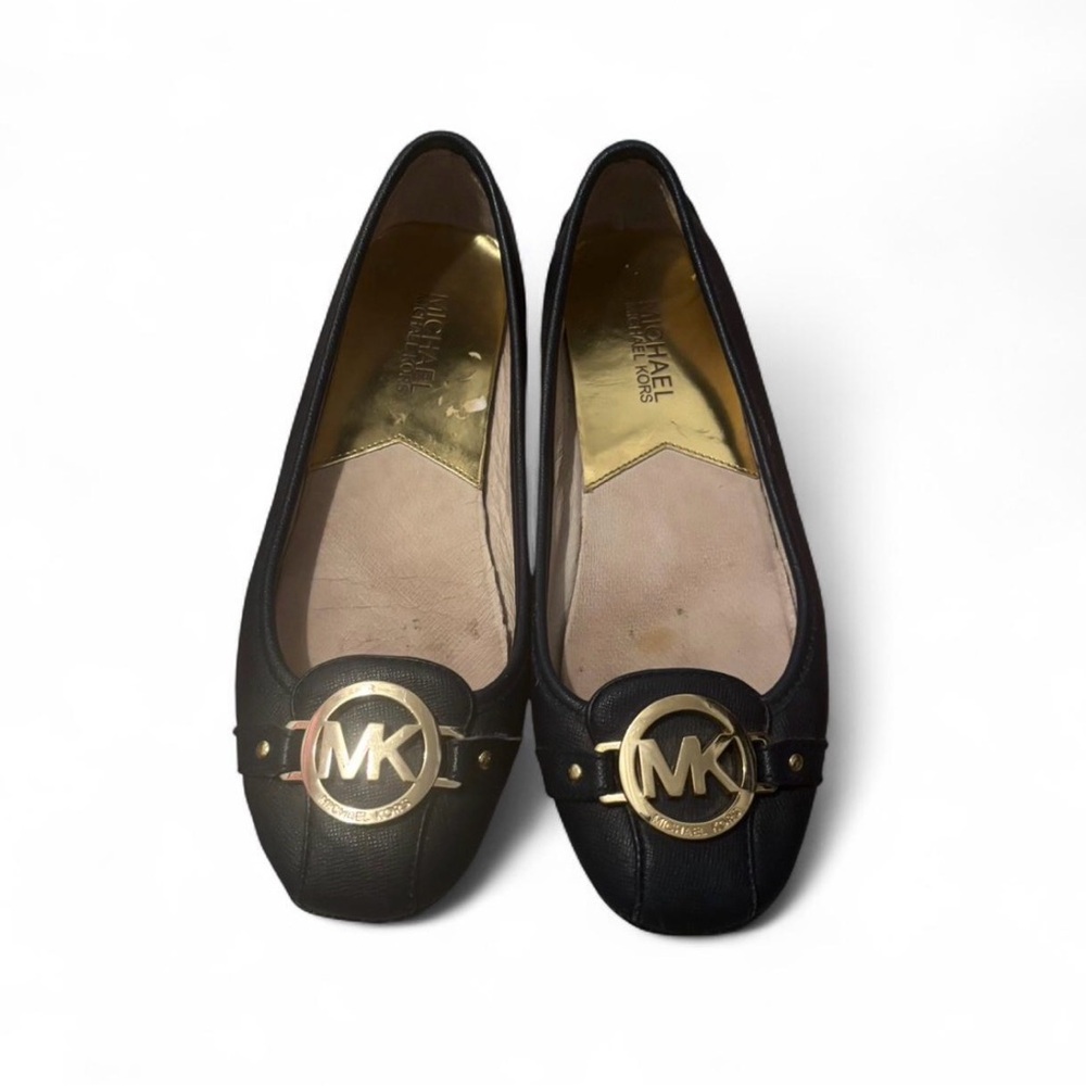 Michael Kors Navy blue Leather MK Logo Ballet Flats with Gold Hardware
